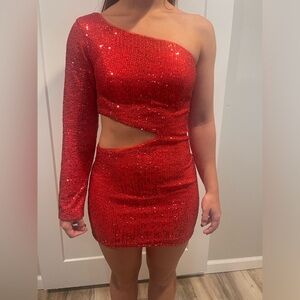 Homecoming Dress Semi Formal Shortie Size 4 Red Sequin One Sleeve Cut Out Hoco